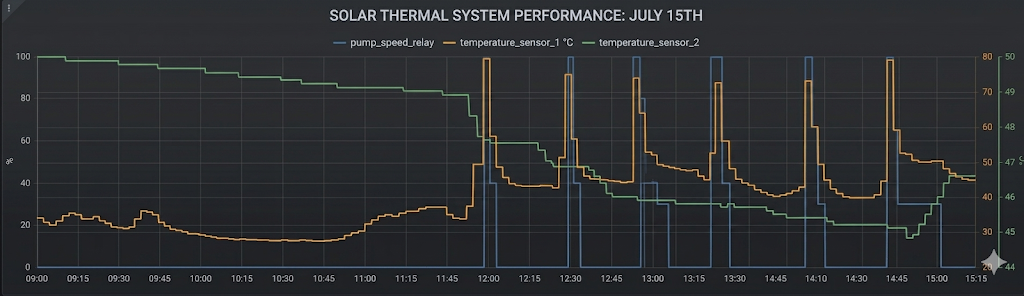 Grafico domotico che mostra i picchi di temperatura del pannello e la contemporanea discesa della temperatura del boiler