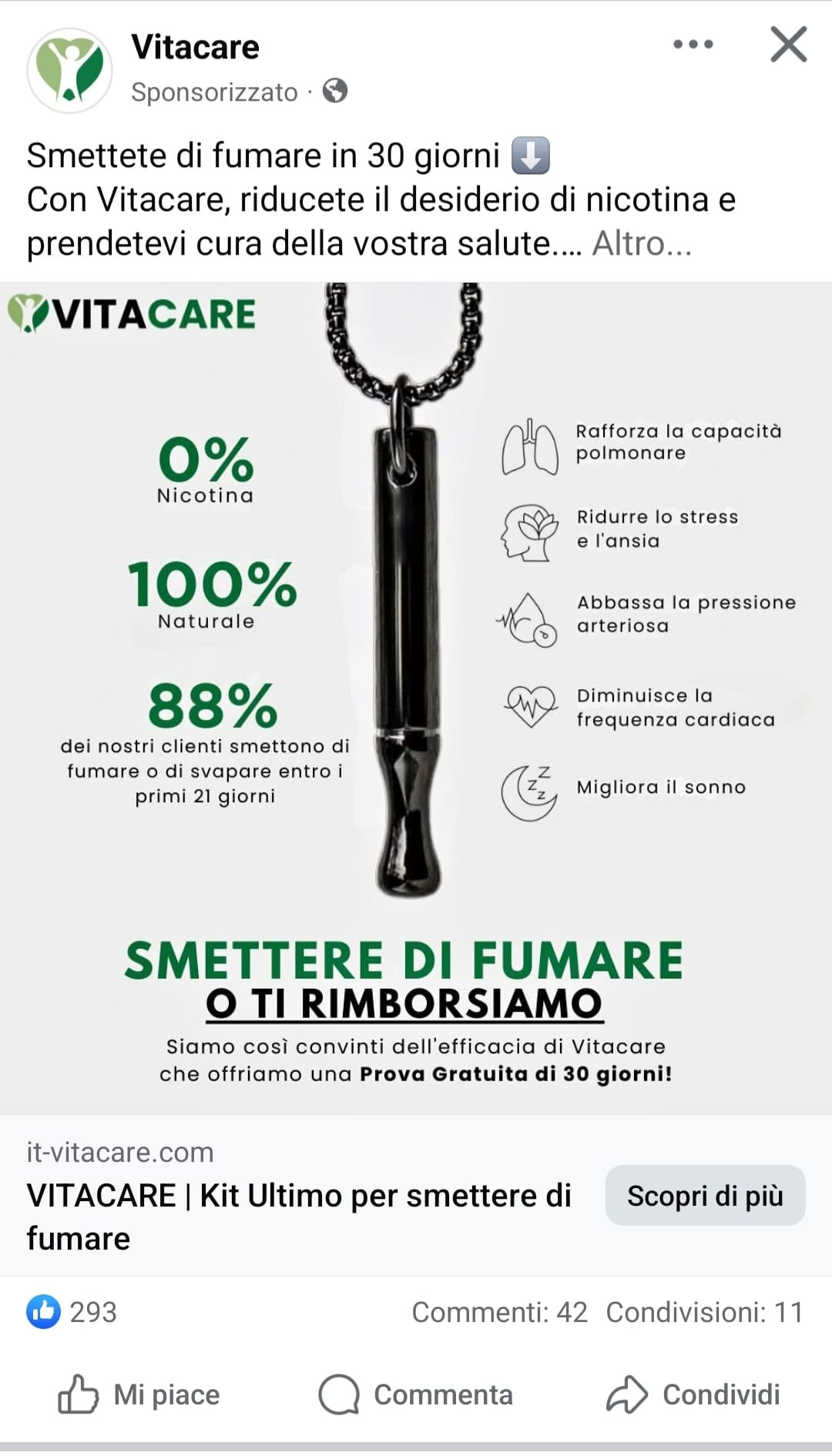 VitaCare pubblicità su Facebook vcp